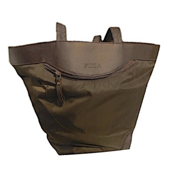 Furla Tote Nylon/Leather Shoulder Bag Chocolate Brown Zipper Pocket Lightweight - Picture 8 of 9